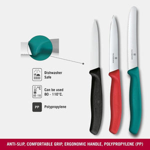 Victorinox Swiss Classic Paring Knife Set with black, red and turquoise handles – features and care information shown.