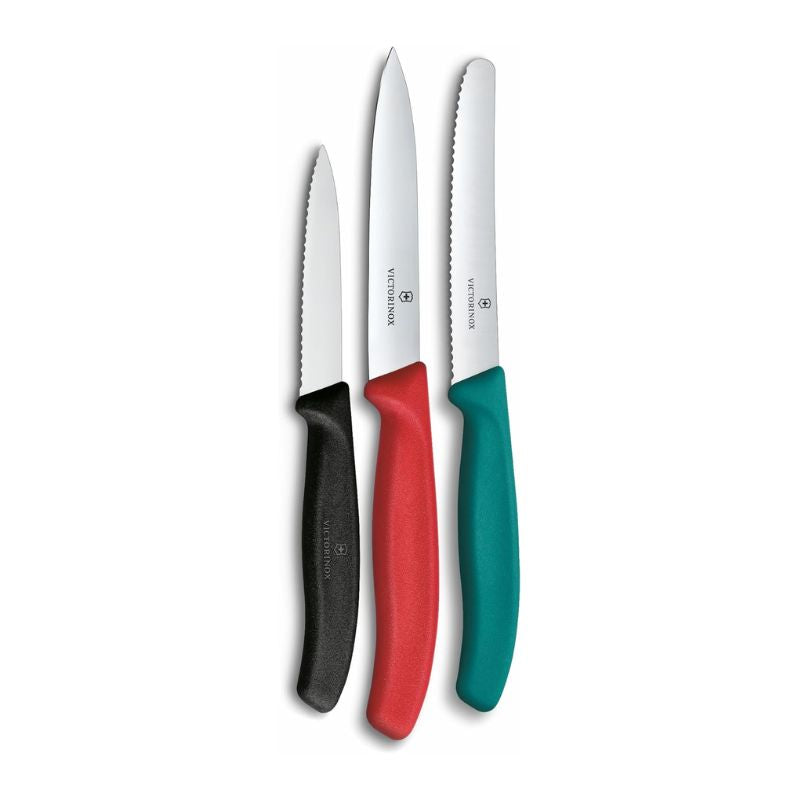 Victorinox Swiss Classic Paring Knife Set – Black, Red, Turquoise shown on a white background.