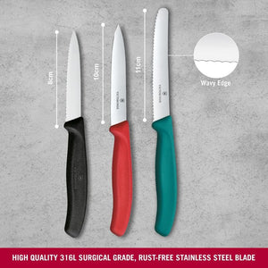 Knife length and details for the Victorinox Swiss Classic Paring Knife Set in Black, Red & Turquoise shown against a grey background.