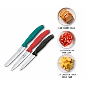 Three Victorinox paring knives with coloured handles on a white background, accompanied by images of sliced bread, tomatoes, and pineapple.