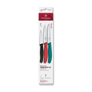 Victorinox Swiss Classic Paring Knife Set – Black, Red, Turquoise shown in retail packaging against a white background.