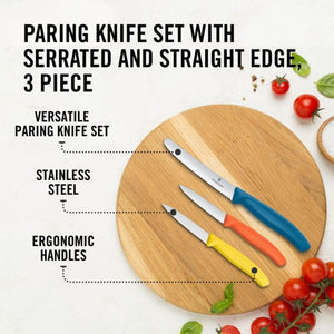 Three Victorinox paring knives with colourful handles on a wooden cutting board, surrounded by vegetables.