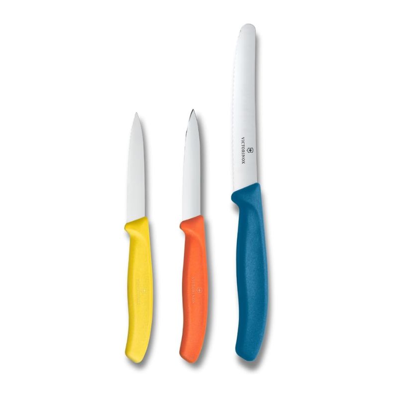 Victorinox Swiss Classic Paring Knife Set with yellow, orange and blue handles shown on a white background.
