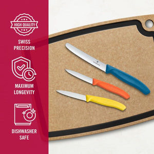 Three Victorinox paring knives with yellow, orange and blue handles on a cutting board next to a red sidebar with text and icons.