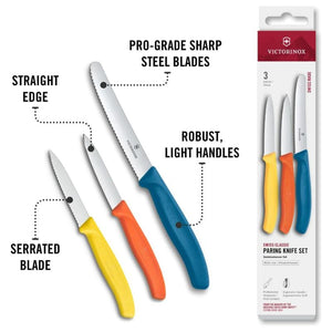 Victorinox paring knife set with different blade types and handles, alongside their packaging, on a white background.
