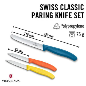Victorinox Swiss Classic paring knife set with measurements and material information on a white background.
