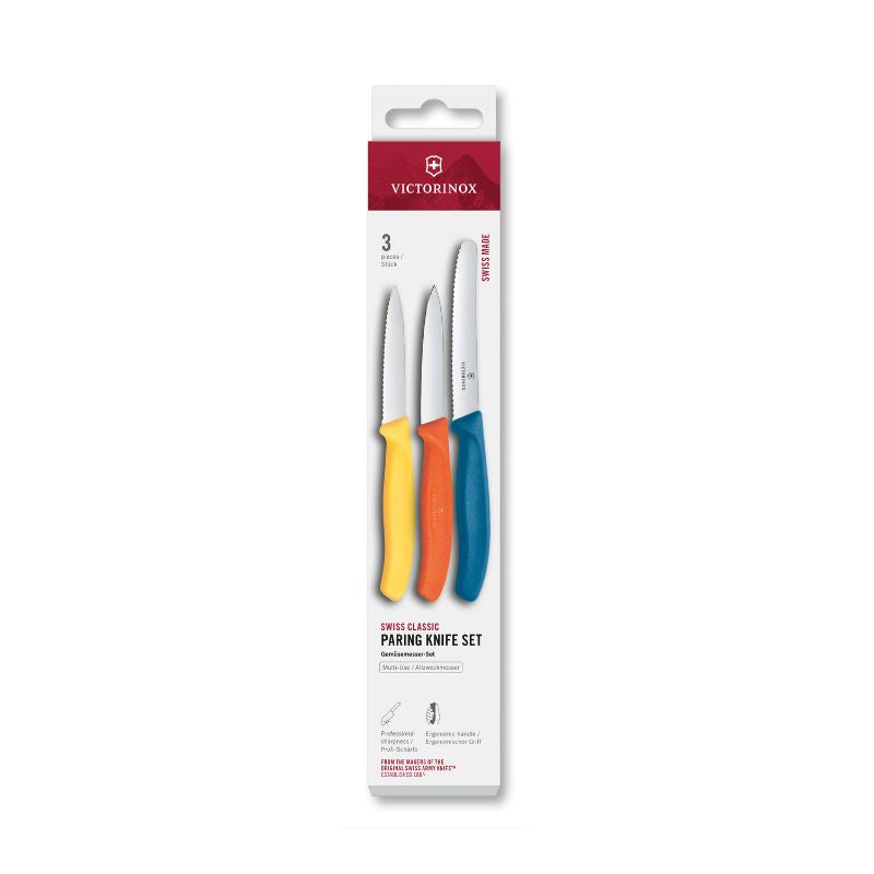 Victorinox Swiss Classic Paring Knife Set with yellow, orange and blue handles shown on a white background.
