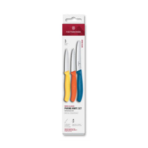 Victorinox paring knife set with three knives in yellow, orange, and blue packaging on a white background