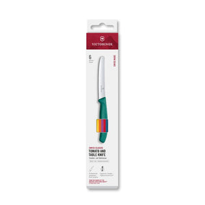 Retail packaging for Victorinox Swiss Classic Steak & Tomato Knife Set – Multi Coloured shown against a white background.