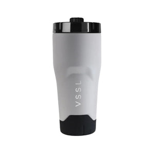 VSSL Rift Tumbler - Stone with a black lid and black base, shown on a plain white background.