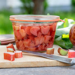 Rhubarb preserved in a 290 mL Weck Mold Jar.