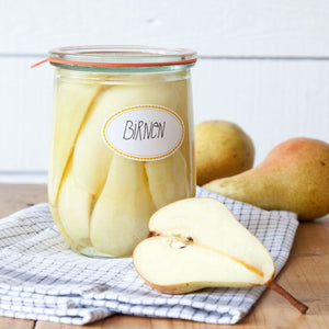 Weck Tulip Jars - 1062 mL with water bathed pears