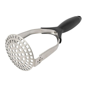 Westmark Folding Potato Masher shown open with stainless steel mashing plate and black handle