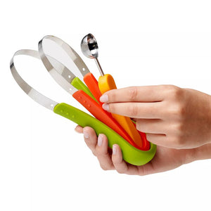 Westmark Fruit Cutter – 3 Piece Set held in hand showing nested storage design