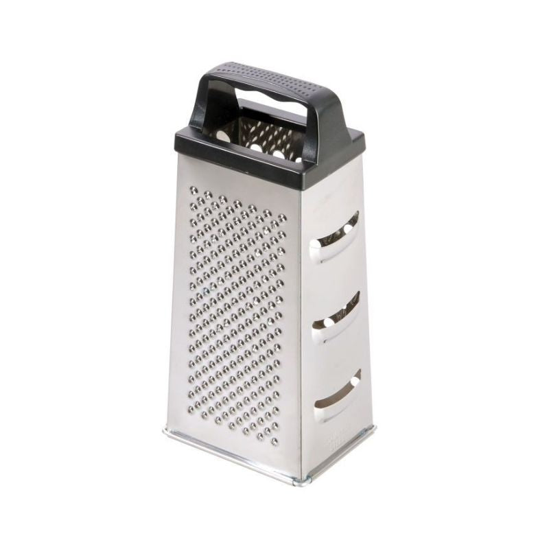 Westmark stainless steel 4-sided box grater with black plastic handle, front view.