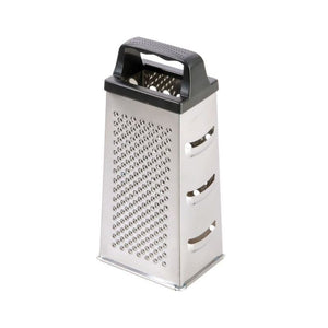Westmark stainless steel 4-sided box grater with black plastic handle, front view.