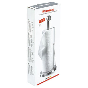 Westmark Kitchen Roll Holder in its retail packaging, featuring a silver metal stand with a paper towel roll shown on the box.