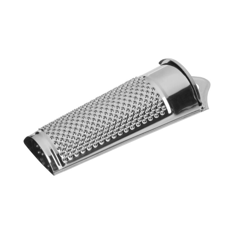 Westmark Nutmeg Grater with whole nutmeg on stainless steel grating surface - hanging hole shown