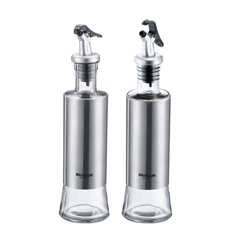 Westmark Oil & Vinegar Dispensers Set NZ - glass bottles with stainless steel casing and drip-free spouts on a white background.