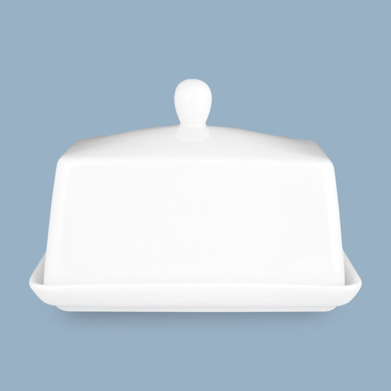 Wilkie Brothers butter dish packaging on a white background - white butter dish made from new bone porcelain
