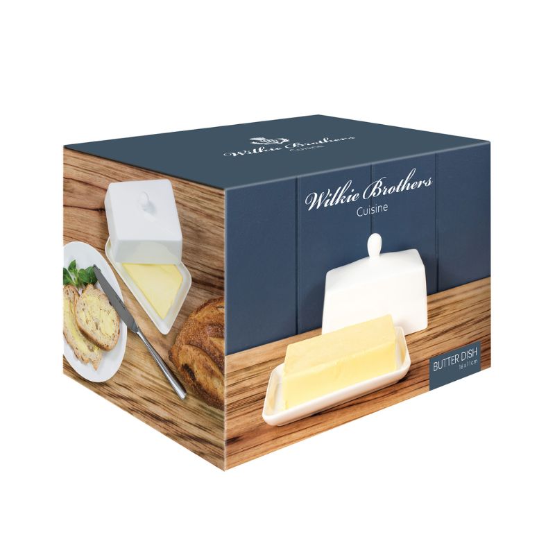 Wilkie Brothers butter dish packaging on a white background - white butter dish made from new bone porcelain