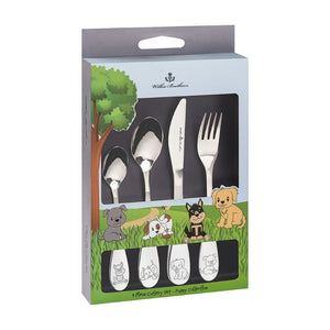 Wilkie Brothers Children's Cutlery Set – Puppy in retail packaging on a white background.