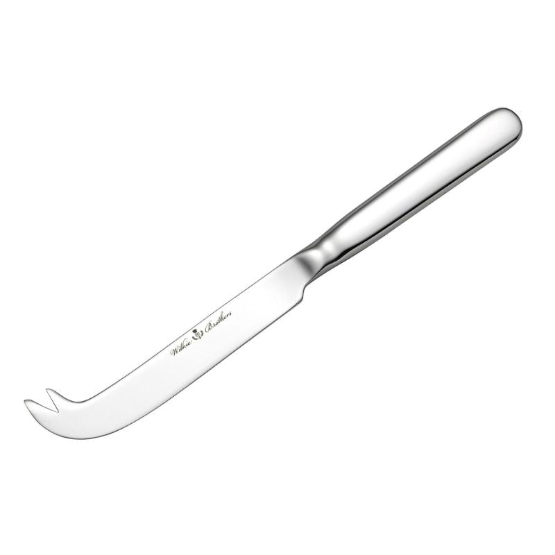 Wilkie Brothers Edinburgh Cheese Knife NZ - stainless steel forked cheese knife with mirror polish and logo on blade shown on a white background