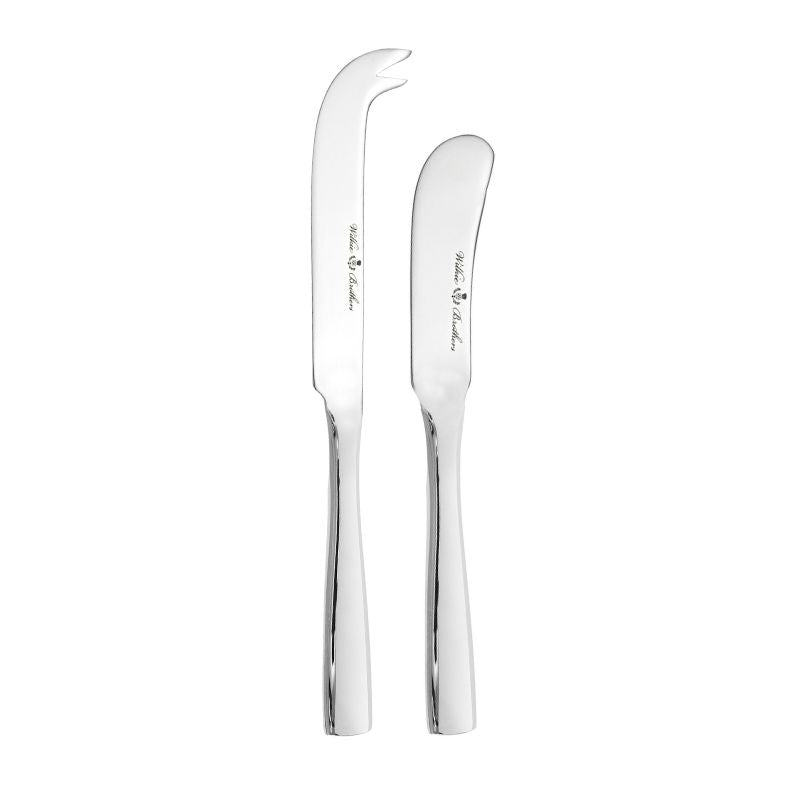 Wilkie Brothers Hartford Cheese Knife Set NZ - forked cheese knife and butter/paté knife with mirror polish, flat-end handle, and logo on the blades.
