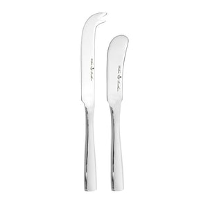 Wilkie Brothers Hartford Cheese Knife Set NZ - forked cheese knife and butter/paté knife with mirror polish, flat-end handle, and logo on the blades.
