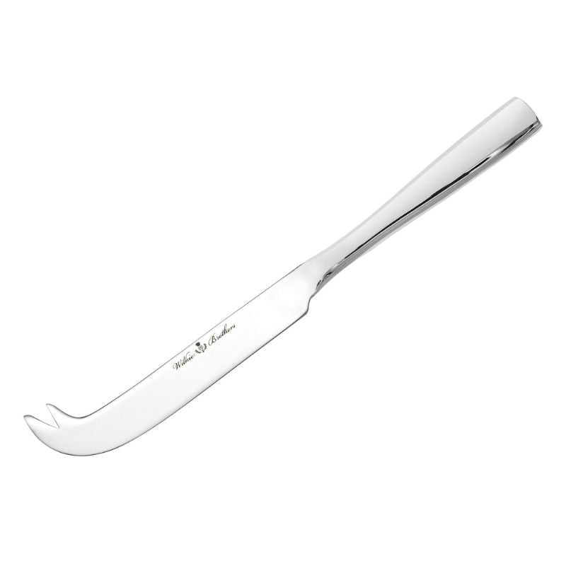 Wilkie Brothers Hartford Cheese Knife NZ - stainless steel forked cheese knife with mirror polish and logo on blade shown on a white background