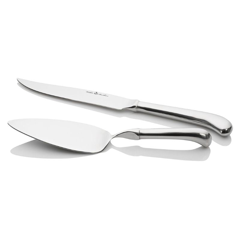Set of stainless silver cake knife and server on a white background