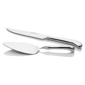 Set of stainless silver cake knife and server on a white background