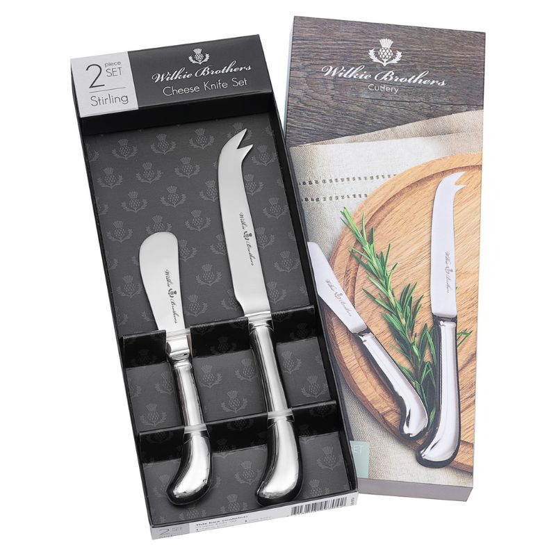 Wilkie Brothers Stirling Cheese Knife Set NZ - forked cheese knife and butter/paté knife with curved handles