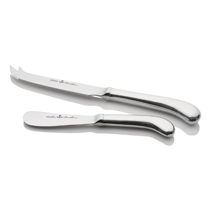 Stainless steel forked cheese knife and butter knife with curved handles and a mirror-polish finish.