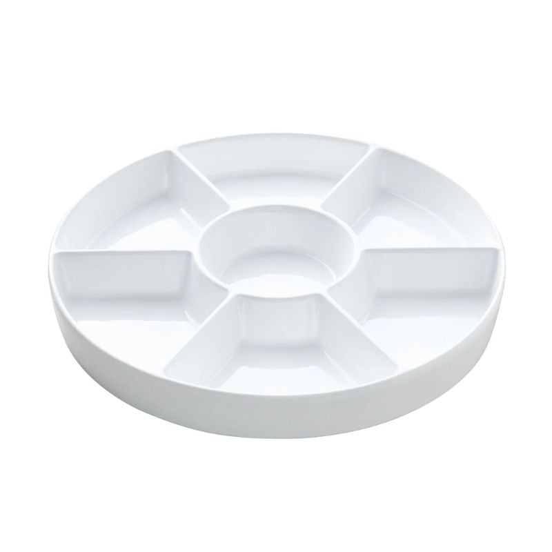 Wilkie Brothers White Round Divided Serving Platter on a white background.