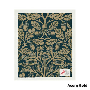 William Morris Swedish Dish Cloth in acorn gold design shown on a white background.