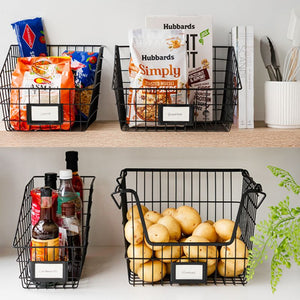 Black wire storage baskets on pantry shelf with groceries and potatoes