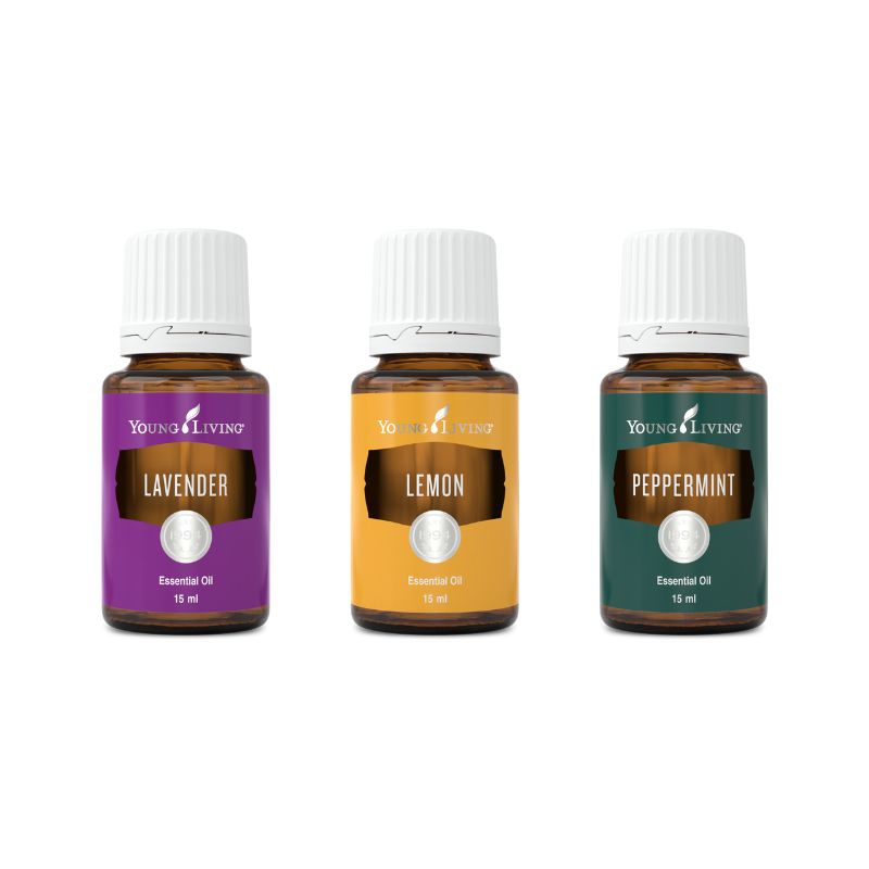 Young Living Lavender, Lemon, and Peppermint essential oils in 15 mL bottles - Everyday Essentials bundle.