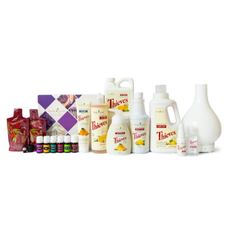 Young Living Healthy Home Starter Bundle - a collection of Thieves products, essential oils, NingXia Red sachets and a diffuser