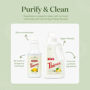 The Thieves Purify & Clean bundle by Young Living - benefits of the products shown in a handy infographic