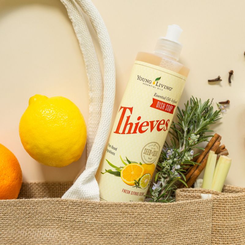 Young Living Thieves dish soap bottle with lemon, orange, and herbs in a basket.