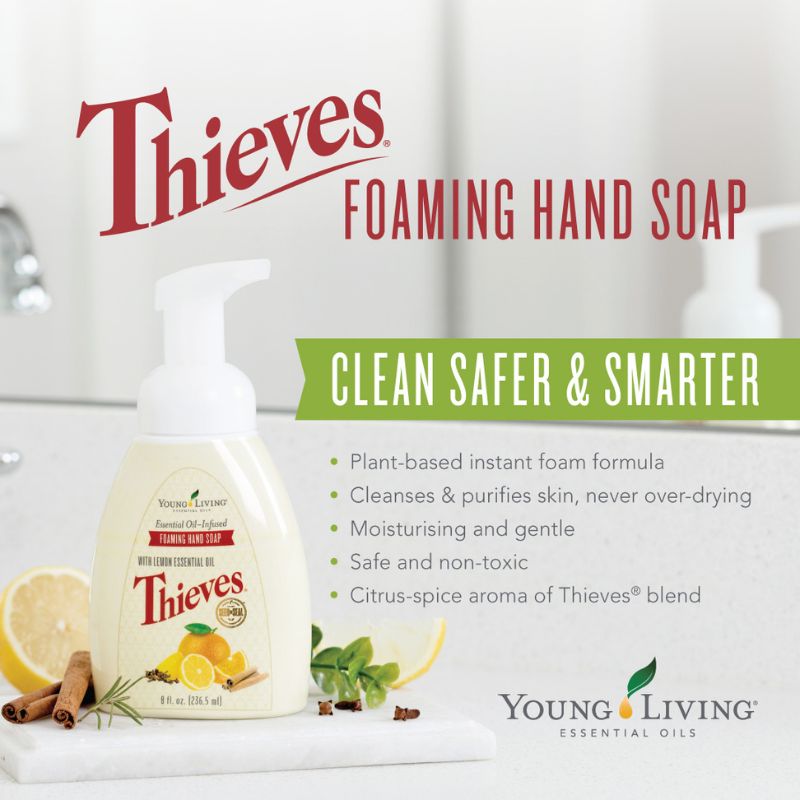 Thieves foaming hand soap bottle with product details on a light background