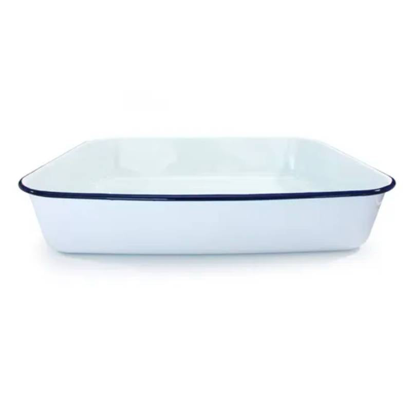 Falcon Enamel Deep Roast Pan - White with Blue Rim