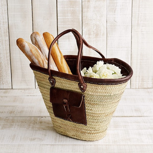 The French Market Basket with Leather Trim and Pocket is perfect for your farmers market shopping.