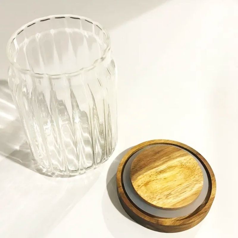 Ribbed Glass Canister with Acacia Wood Lid