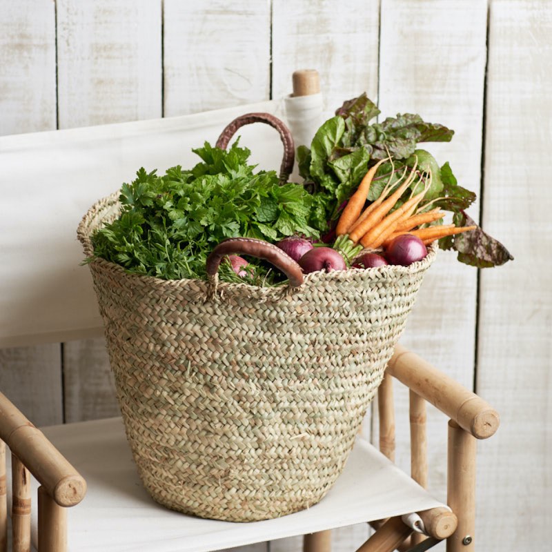Tangier Basket NZ - traditional handwoven in Morocco with leather covered handles.